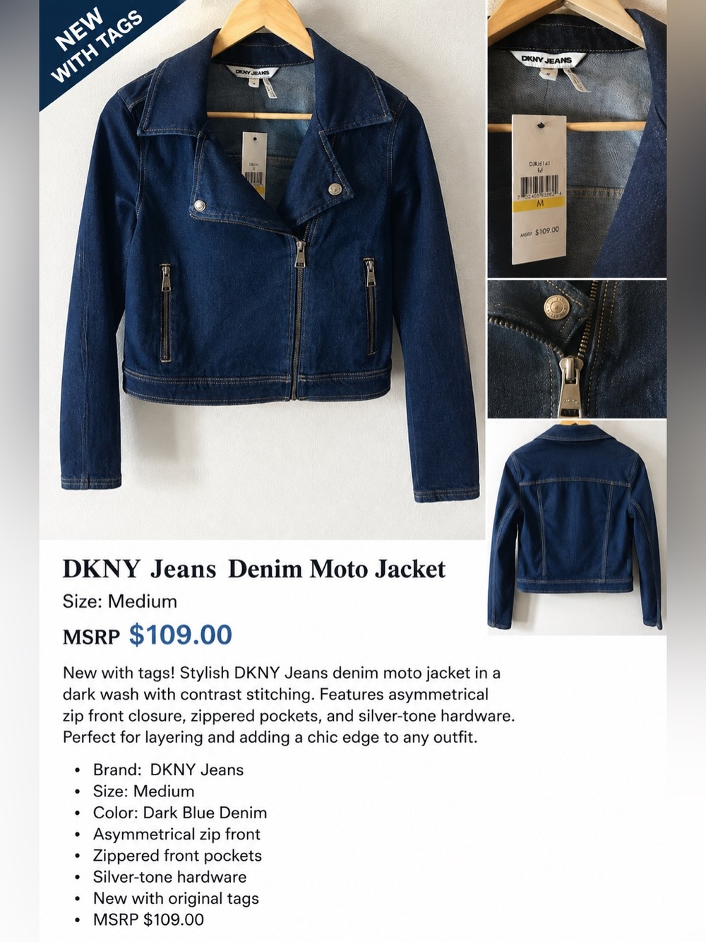 NWT DKNY Jeans Denim Moto Jacket Medium Dark Blue Biker Cropped